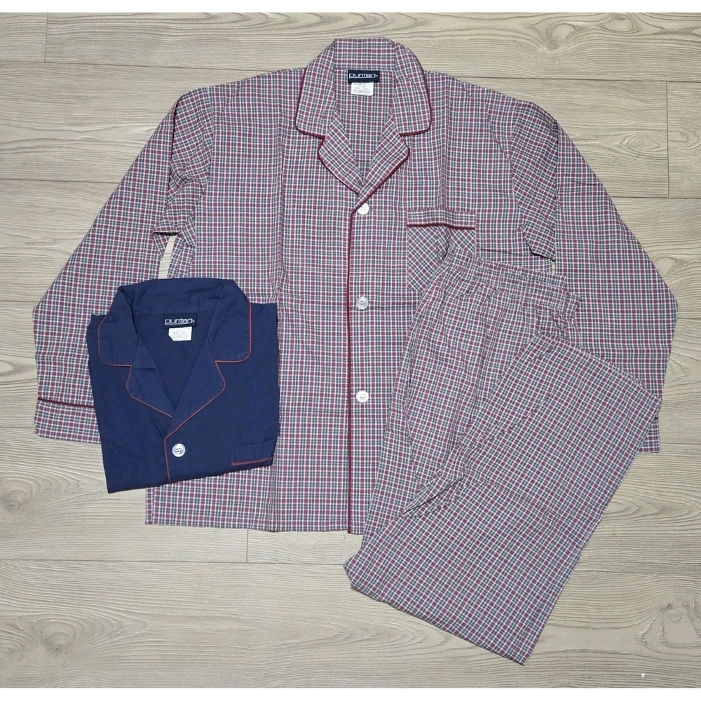 Vtg Puritan Mens L Pajama Set Shirt Pants Waist Snap Blue Check + Extra Shirt